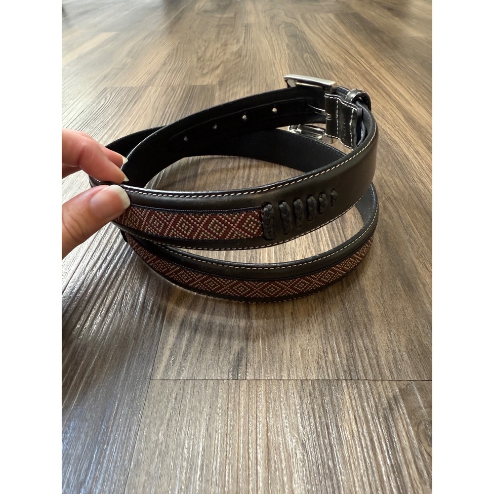 Brighton Belt Mens 38 Black Woven Tapestry Inlay Leather Silver Buckle Western